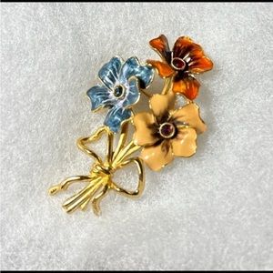 Joan Rivers Orange Red, Blue Enamel Rhinestone Flower Bunch Brooch